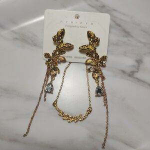 Gold Butterfly Earrings with Chain